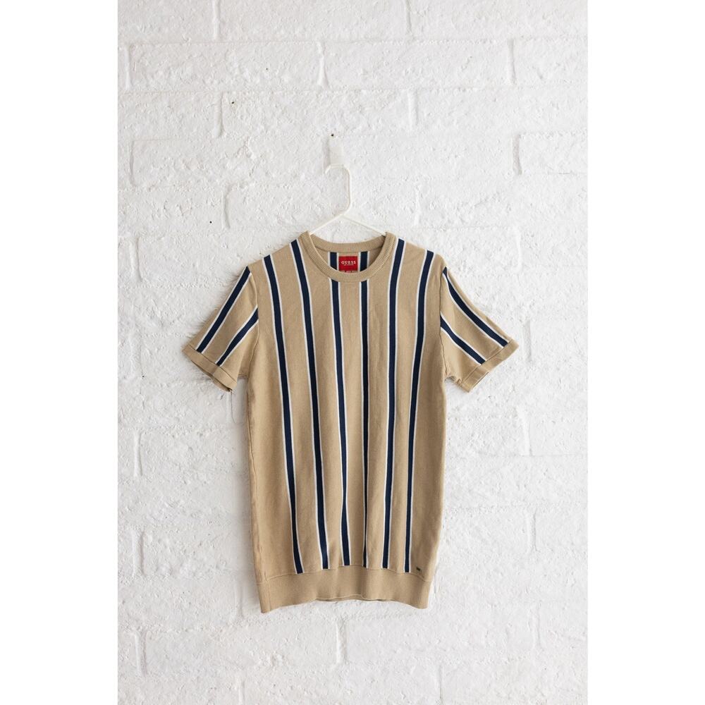 Guess Los Angeles Striped Knit Sweater Tee Size L Tan Navy Short Sleeve Pullover